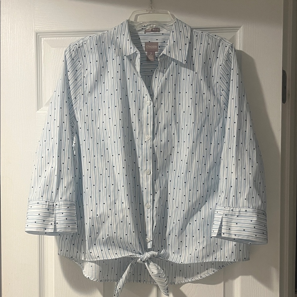 Chico's 3/4 Striped Button-Front Shirt with stars woman’s 2 wrinkle resistant